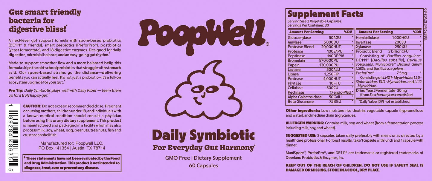 Daily Symbiotic probiotic prebiotic postbiotic capsules complete brown and light purple label .