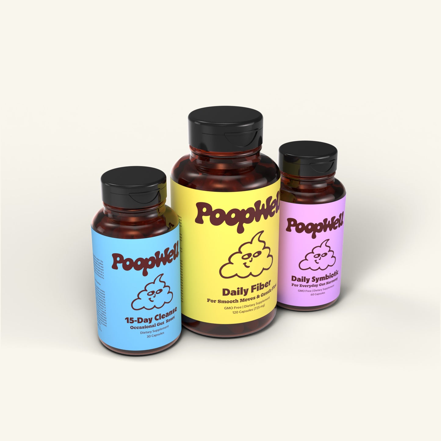 Three bottles of Happy Gut Trio in an Isometric view on an eggshell white background
