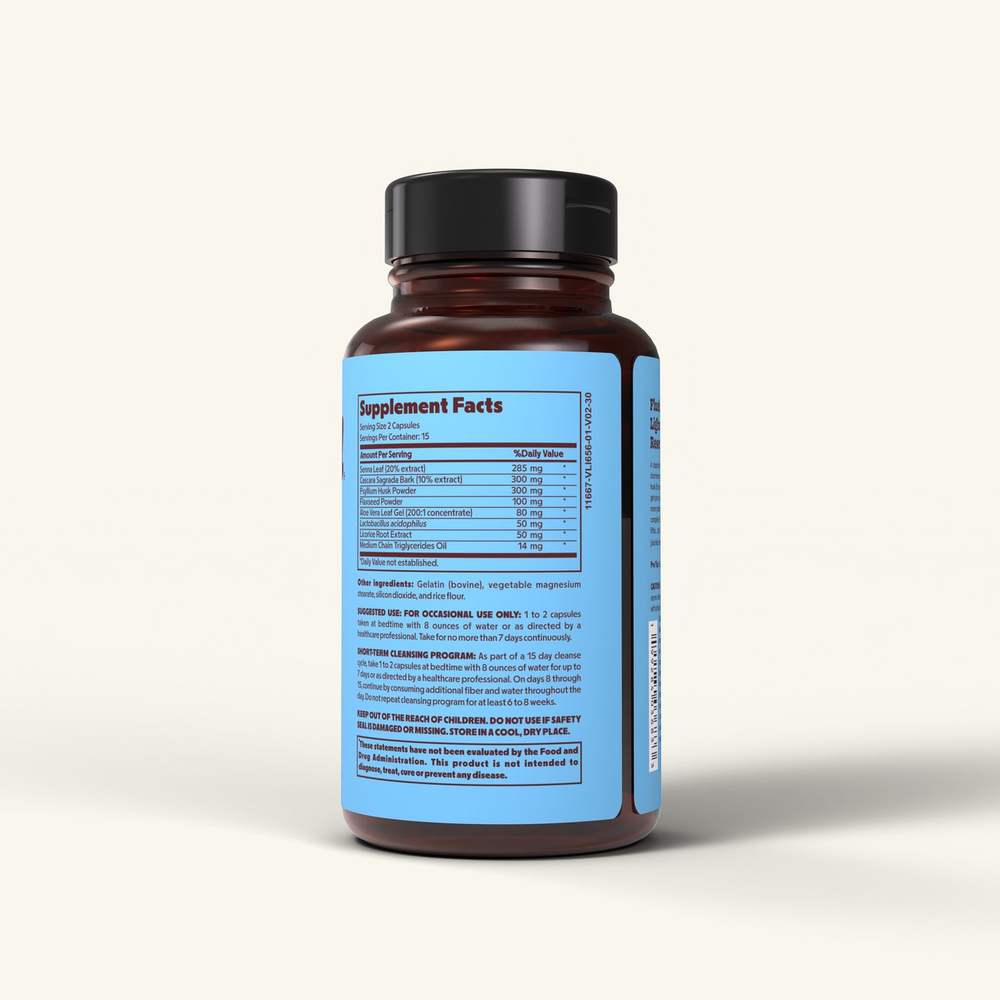 15-Day Cleanse bottle - colon cleanse supplement capsule - Supplement Facts side of blue and brown label.