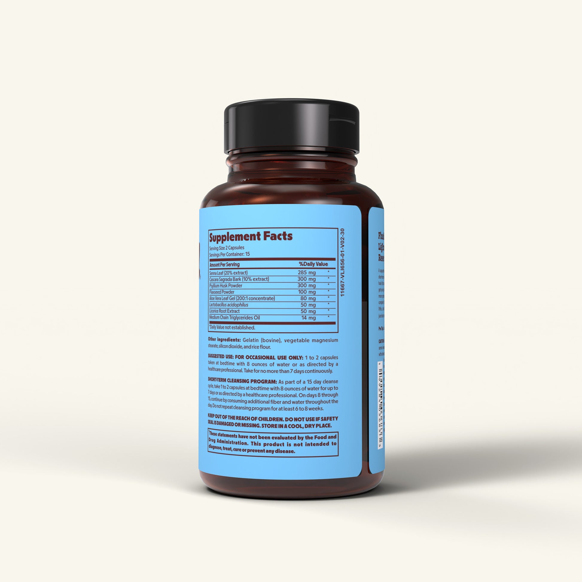 15-Day Cleanse bottle - colon cleanse supplement capsule - Supplement Facts side of blue and brown label.