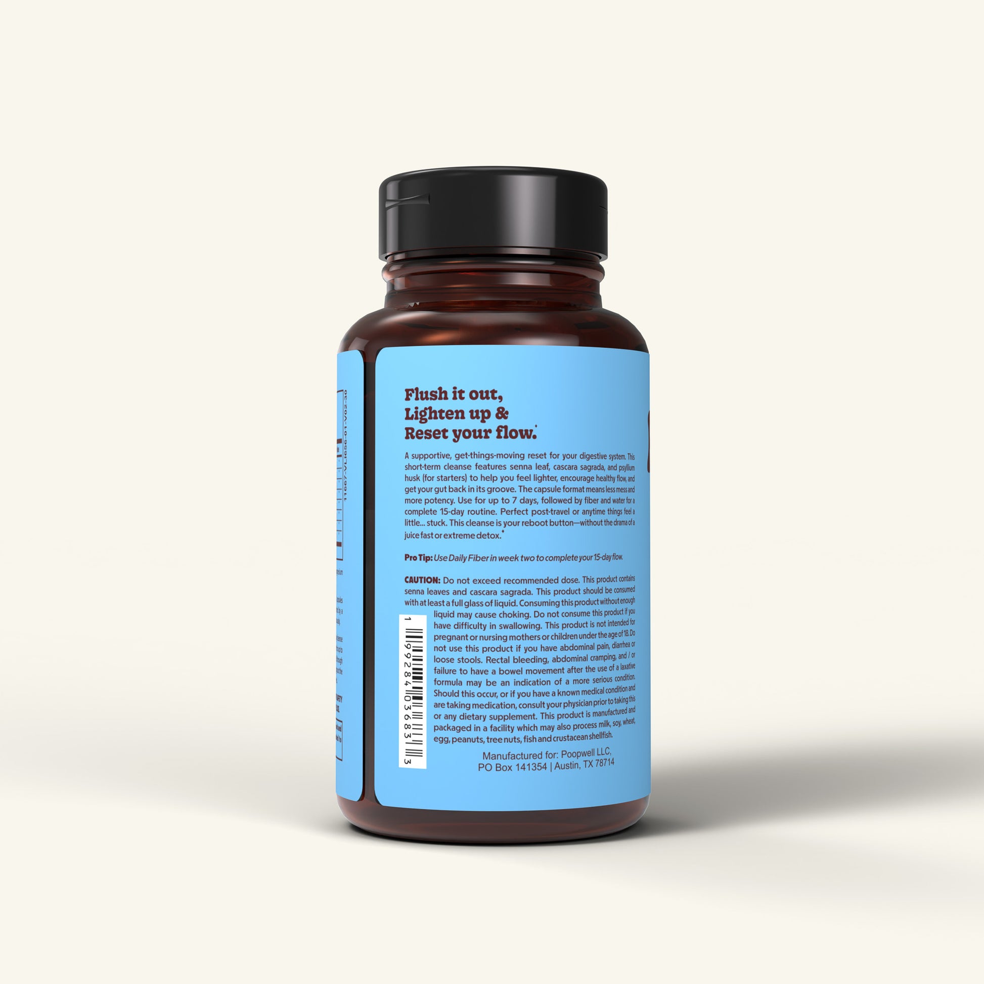 15-Day Cleanse bottle - colon cleanse supplement capsule - description side of blue and brown label showing.
