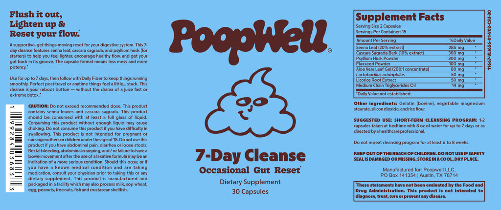 PoopWell 7-Day Cleanse supplement bottle, front view