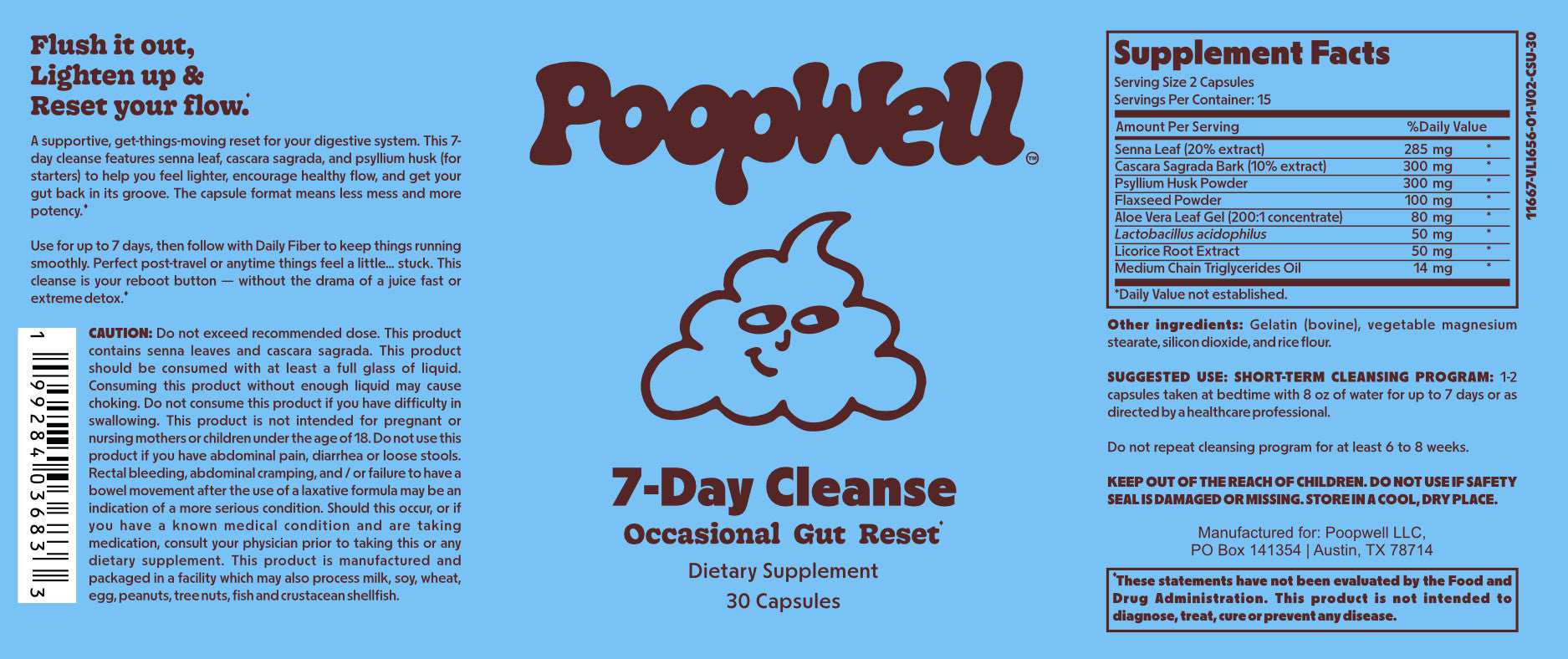 PoopWell 7-Day Cleanse supplement bottle, front view