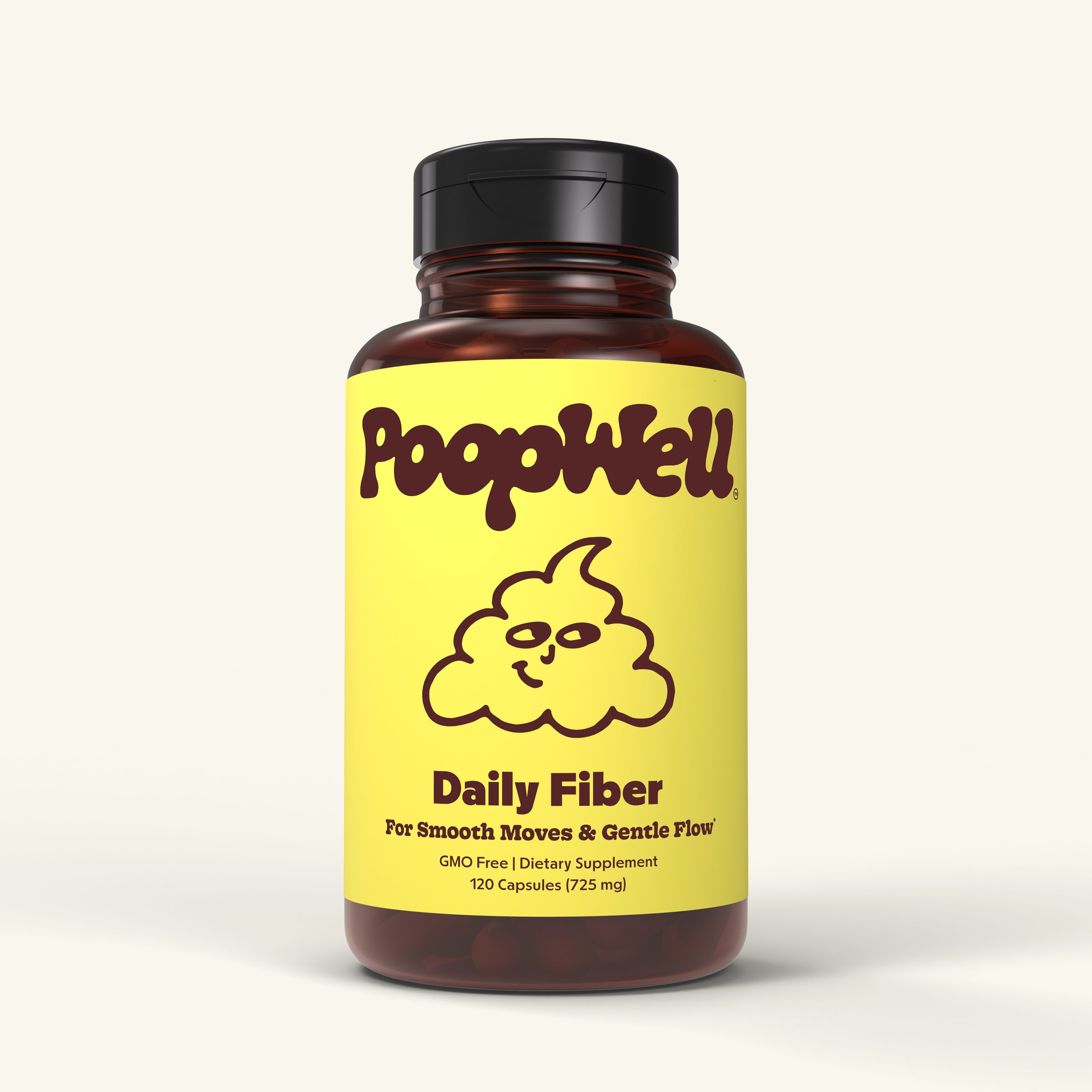 PoopWell Daily Fiber psyllium husk capsule bottle, front view