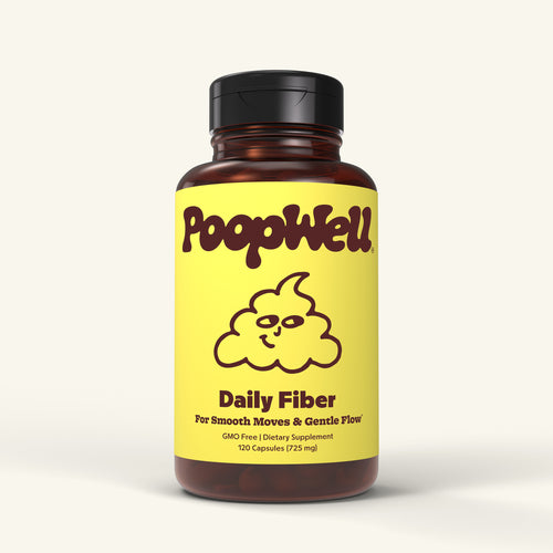 PoopWell Daily Fiber psyllium husk capsule bottle, front view