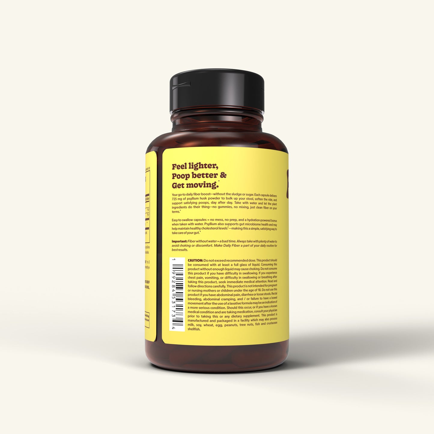 Daily Fiber psyllium husk capsules bottle turned so that you can read the tagline and description on the yellow and brown label