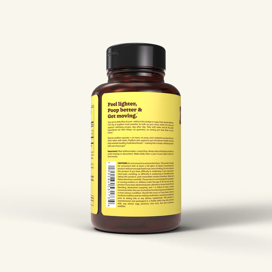 Daily Fiber psyllium husk capsules bottle turned so that you can read the tagline and description on the yellow and brown label