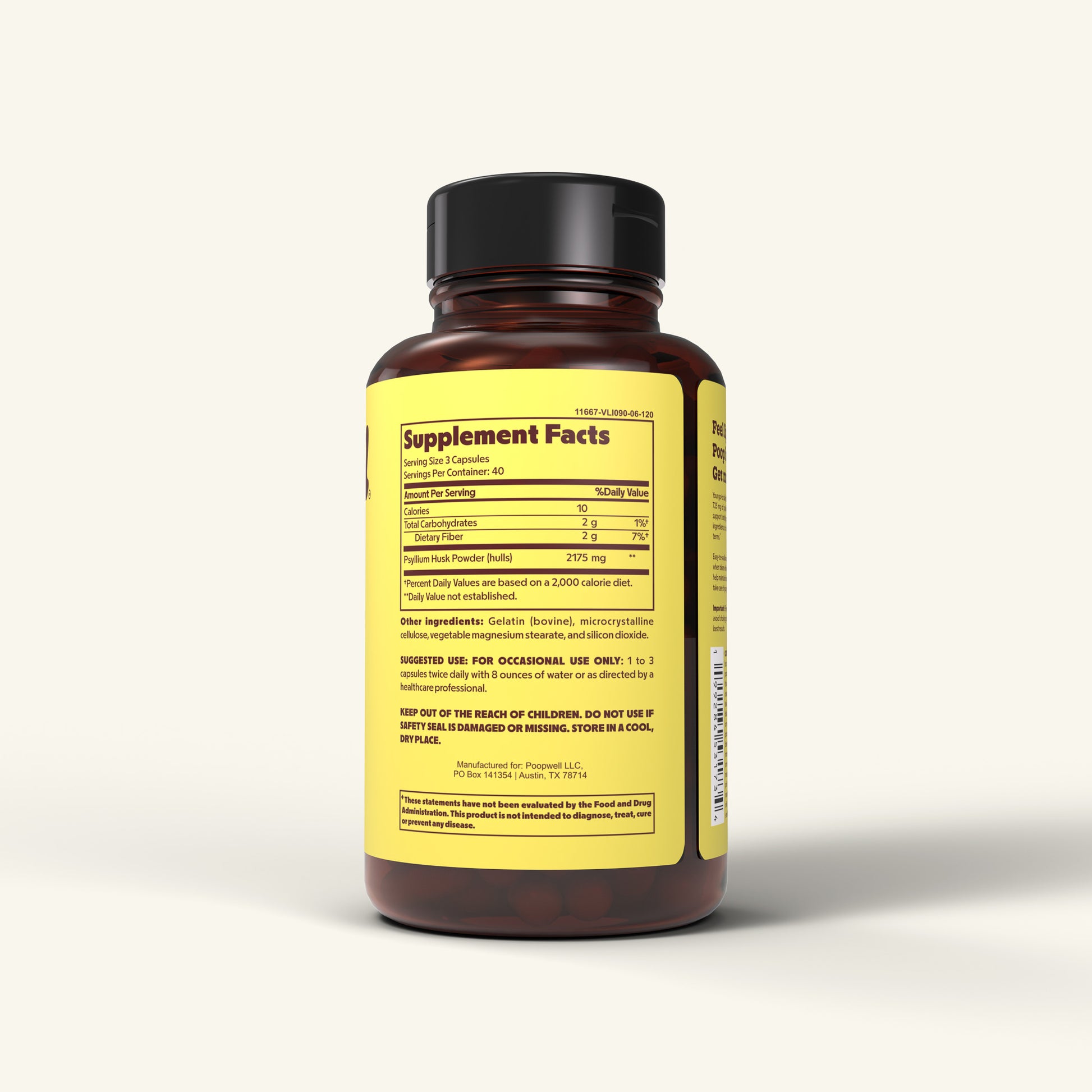 Daily Fiber psyllium husk capsules bottle supplement facts side view of the yellow and brown label.