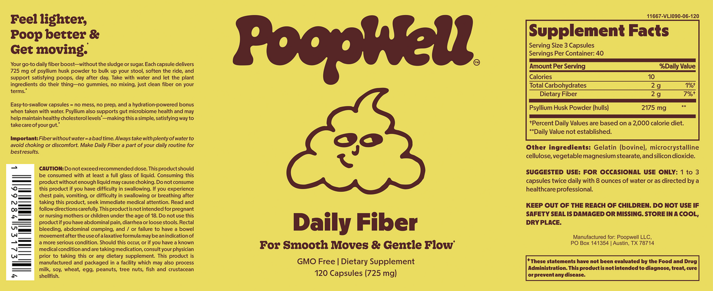 Daily Fiber psyllium husk capsules complete yellow and brown label