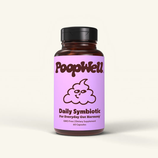 Daily Symbiotic probiotic prebiotic postbiotic capsules bottle with brown and light purple label.