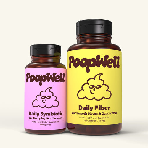 PoopWell Daily Duo — Daily Fiber and Daily Symbiotic bottles, front view
