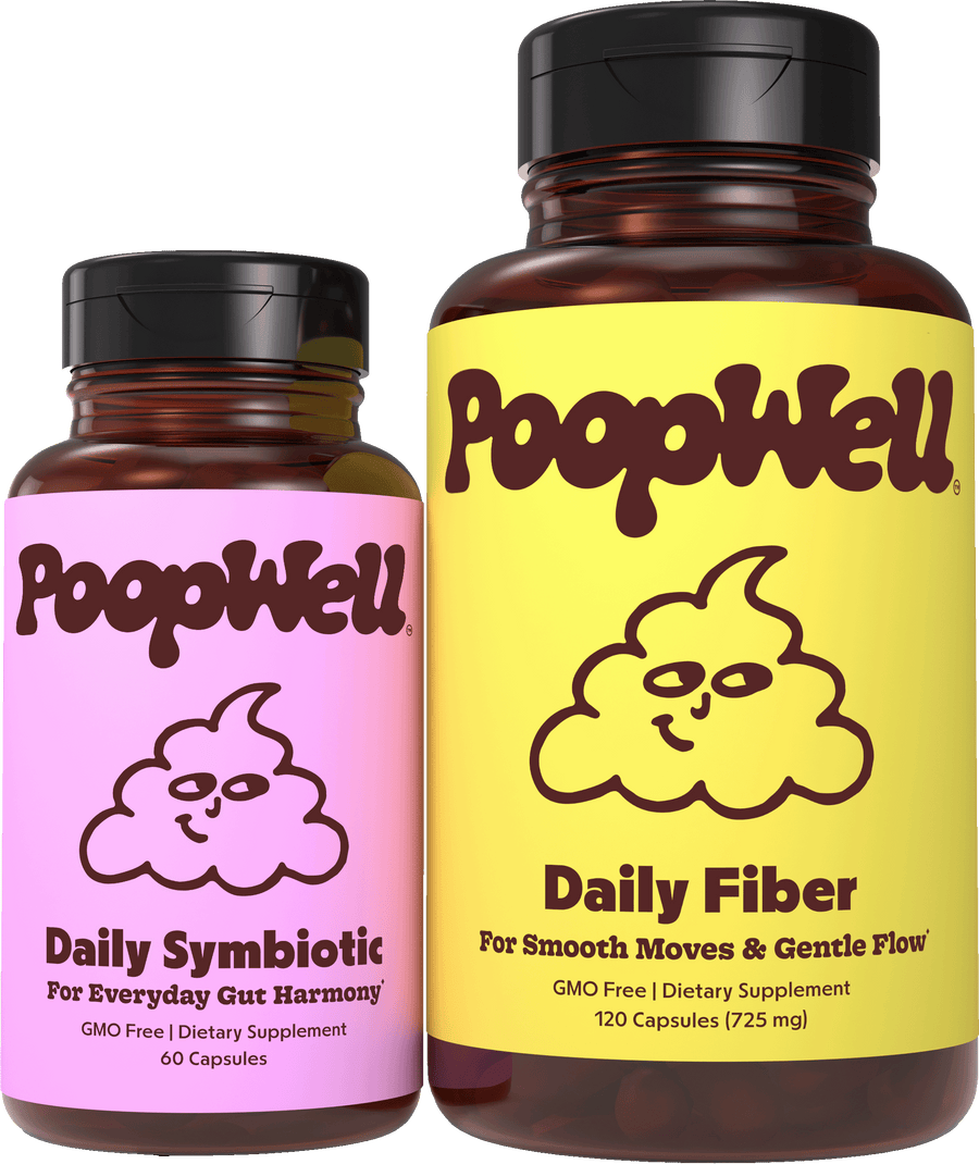 PoopWell Daily Duo — Daily Symbiotic and Daily Fiber bottles, front view
