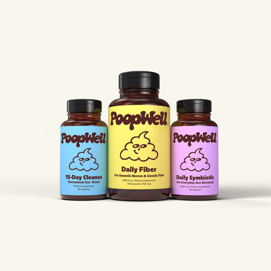 Three 'PoopWell' supplement bottles on an eggshell white background