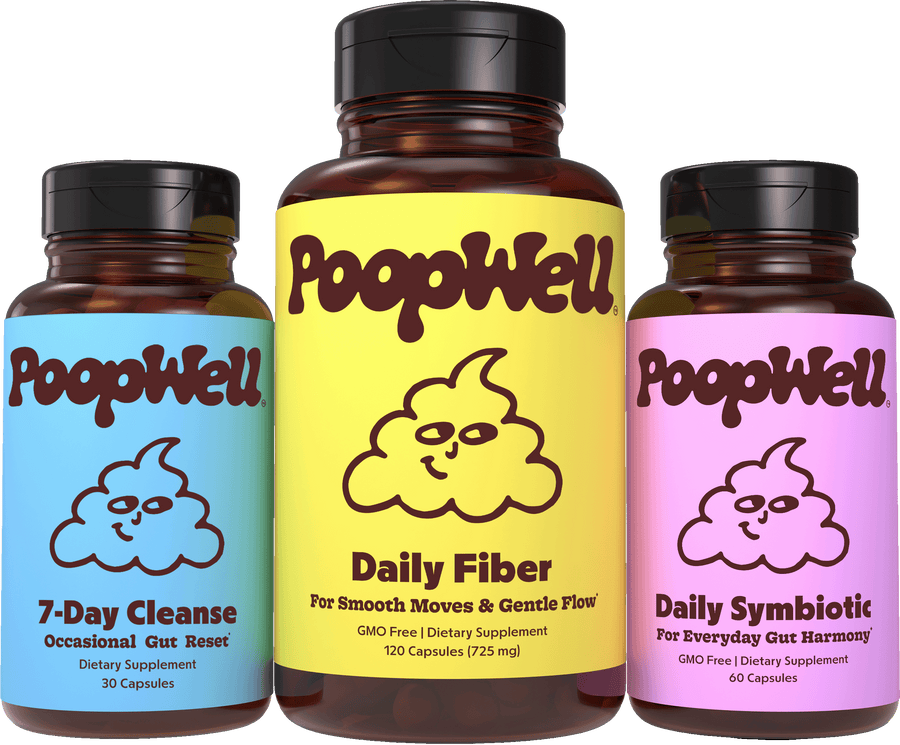 PoopWell Happy Gut Trio — 7-Day Cleanse, Daily Fiber, and Daily Symbiotic bottles, front view