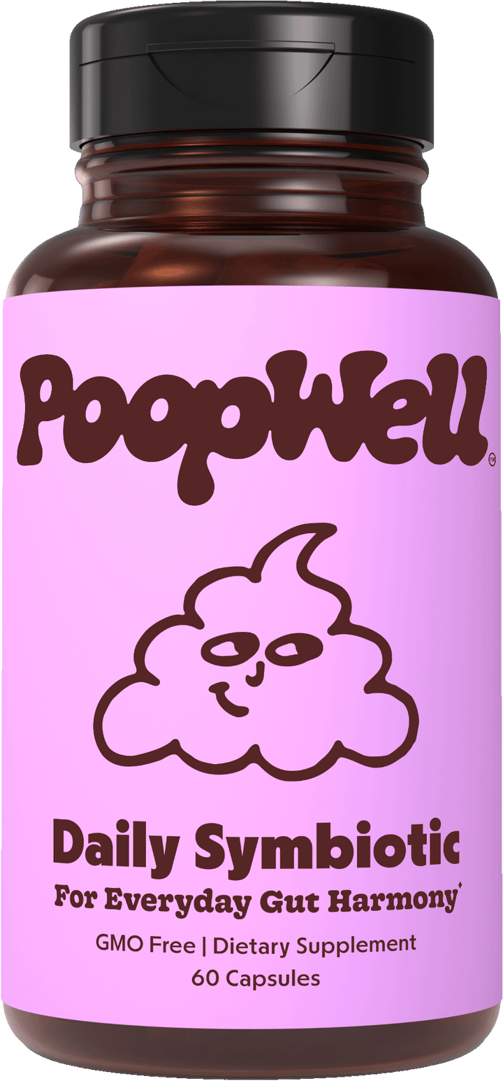 PoopWell Daily Symbiotic probiotic, prebiotic, and postbiotic capsule bottle